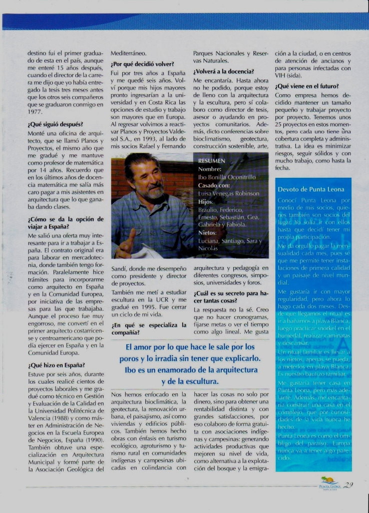 Entrevista en Revista Punta Leona, Dic. 09, pag. 29
